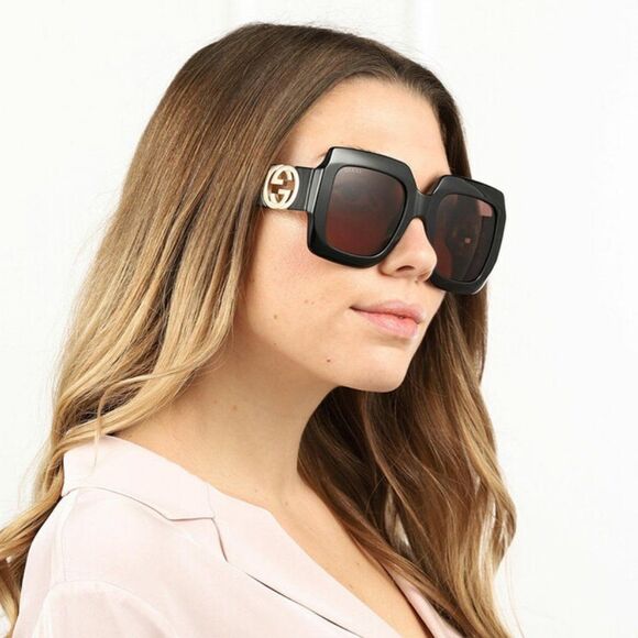 NEW Gucci GG1022S 005 Black Brown Square Chain Women Sunglasses - Picture 10 of 14